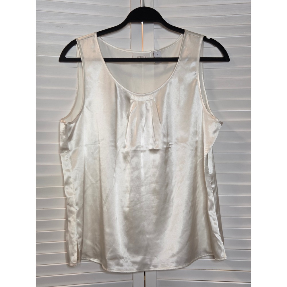 Chico's Satin Pleated Scoop Neck Tank Top Size 1 Ivory Cream Stretch Sleeveless
